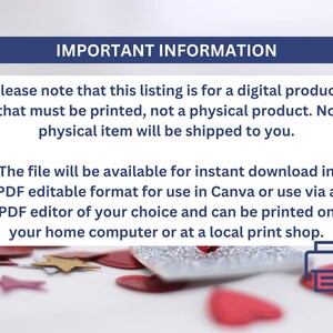 May include: A digital product announcement with the text "IMPORTANT INFORMATION". The text explains the listing is for a printable digital file, not a physical item. The file is available for instant download in PDF format.