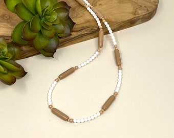 White Coral and Tan Beaded Necklace Lightweight Tan, White, and Gold Beaded Necklace (5026)