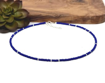 Royal Blue and Silver Seed Bead Choker Necklace, Bracelet, Anklet: Custom Unisex Jewelry  (10080)