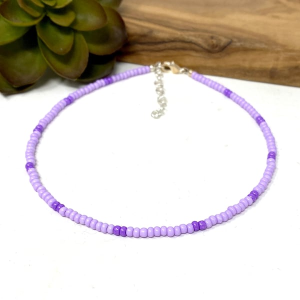 Lavender and Purple Seed Bead Choker Necklace, Bracelet, Anklet Dark and Light Purple Beaded Choker (4115)