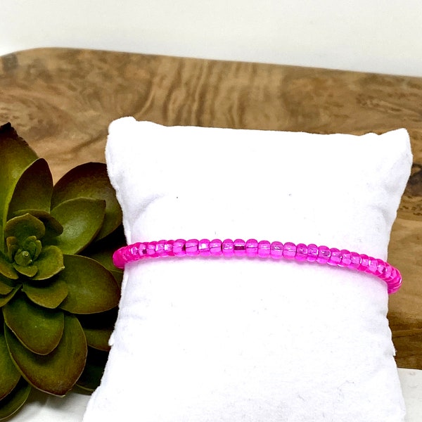 Shiny Hot Pink Seed Bead Stretch Bracelet Shiny Bright Pink Minimalist Everyday Stack Bracelet  (5038D)