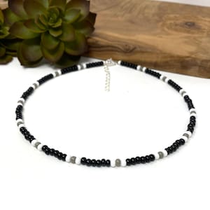 Black, White and Gray Seed Bead Choker Necklace, Bracelet, Anklet Small Black White and Gray Bead Jewelry Customizable Choker (2109)