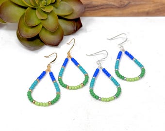 Blue Green Seed Bead Teardrop Earrings: Ombre Dangle Hoops (9044)