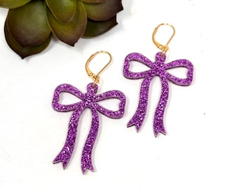 Purple Glitter Bow Earrings: Sparkly Acrylic Ribbon Earrings (A25)