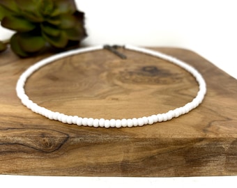 Dainty White Seed Bead Choker Necklace White Beaded Bracelet, White Bead Anklet, White Bead Choker (4201)