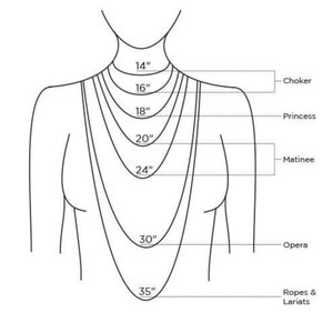 Pode incluir: Diagrama mostrando diferentes comprimentos de colar, incluindo choker, princesa, matinee, &oacute;pera e cordas e la&ccedil;os. Os comprimentos s&atilde;o medidos em polegadas: 14", 16", 18", 20", 24", 30" e 35".