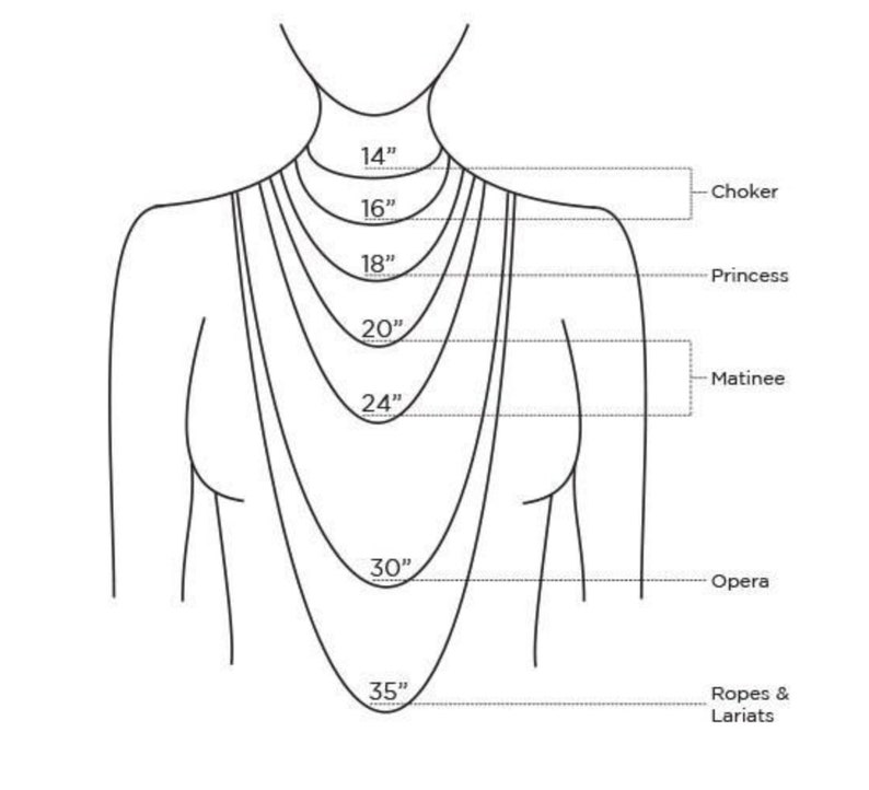 Pode incluir: Diagrama mostrando diferentes comprimentos de colar, incluindo choker, princesa, matinee, &oacute;pera e cordas e la&ccedil;os. Os comprimentos s&atilde;o medidos em polegadas: 14", 16", 18", 20", 24", 30" e 35".