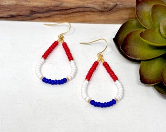 Patriotic Seed Bead Teardrop Earrings: Red, White & Blue Fourth of July Dangles (0010)