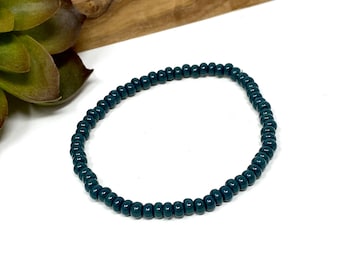 Dark Forest Green Seed Bead Stretch Bracelet Dark Green Minimalist Everyday Stack Bracelet  (5106)