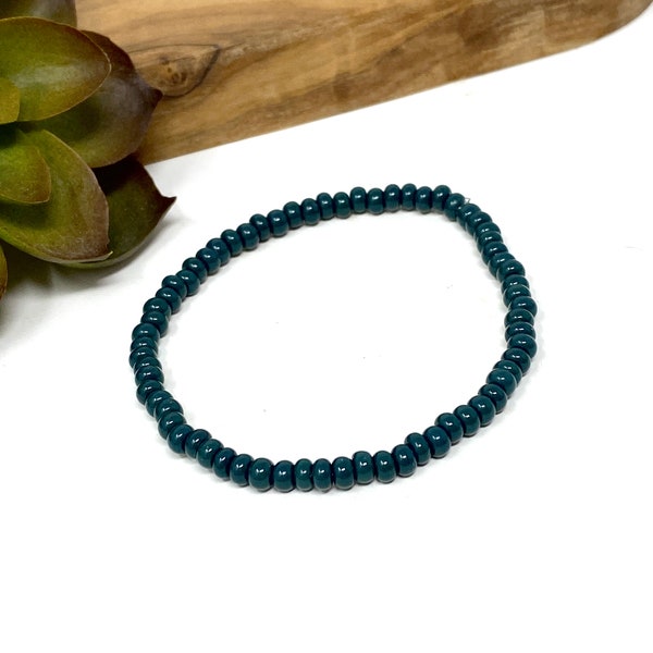 Dark Forest Green Seed Bead Stretch Bracelet Dark Green Minimalist Everyday Stack Bracelet  (5106)