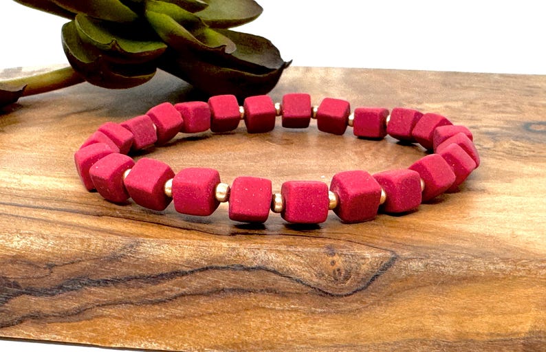 Dark Red Clay Beaded Bracelet Maroon Cube Bracelet Dark Red and Gold