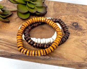 Wood Bead Stretch Bracelet – Off-White, Caramel, Dark Brown Wood Unisex Rustic Accessory (0052)