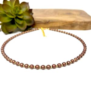 Matte Brown Pearl and Gold Seed Bead Choker Custom Choker Tiny Frosted Brown Bead Choker Customizable (4122)