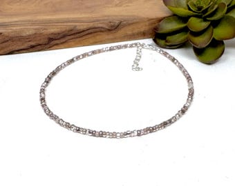 Shimmery Taupe Seed Bead Bracelet, Anklet, Choker, Necklace: Silver Beige Beaded Jewelry (9048)