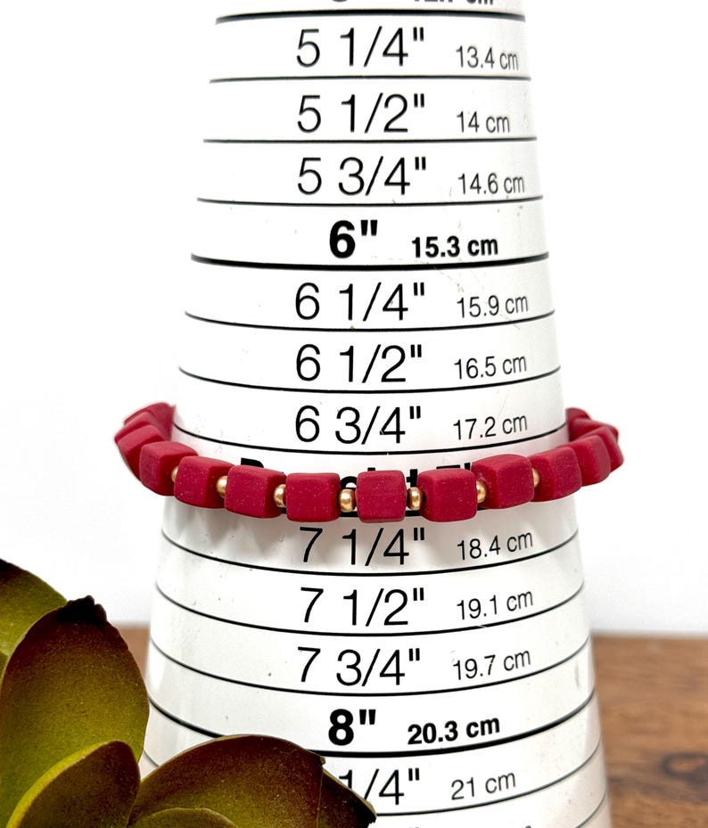 Dark Red Clay Beaded Bracelet Maroon Cube Bracelet Dark Red and Gold