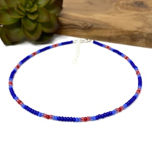 Blue and Red Seed Bead Choker Necklace Small Red and Blue Beaded Choker (4124)