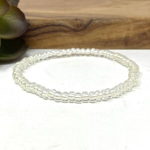 Translucent Ivory Luster Seed Bead Stretch Bracelet Shiny White Minimalist Everyday Stack Bracelet  (5039E)