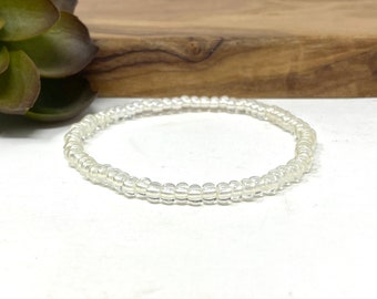 Translucent Ivory Luster Seed Bead Stretch Bracelet Shiny White Minimalist Everyday Stack Bracelet  (5039E)