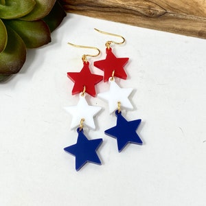 Red White & Blue Long Dangle Earrings Red White and Blue Star Earrings Patriotic Earrings Lightweight Acrylic Earrings (7057)