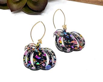 Black Glitter Pumpkin Earrings: Halloween Jewelry (A33)