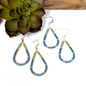Blue and Green Seed Bead Teardrop Hoop Dangle Earrings Sage Green, Teal Blue, Gold or Silver Beaded Long Earrings (0023)