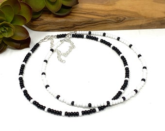 Black and White Seed Bead Unisex Custom Choker Necklace, Bracelet, Anklet Small Black White Bead Choker Customizable Jewelry (1561)