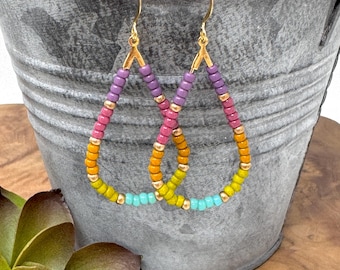 Rainbow Seed Bead Teardrop Earrings: Handmade Color Block Dangles (0024)