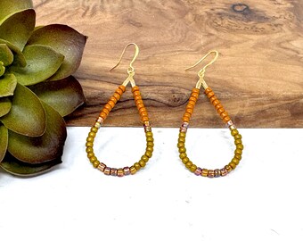 Handmade Beaded Teardrop Earrings – Mustard Yellow & Burnt Orange Boho Jewelry (0054)