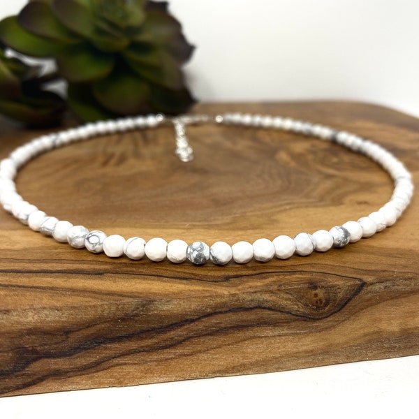 White Howlite Beaded Choker Necklace, Bracelet, Anklet White Gray Gemstone Jewelry (1821)