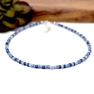 May include: A delicate blue and white beaded choker necklace with a silver clasp.