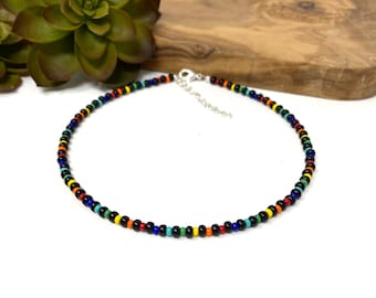 Black Rainbow Seed Bead Bracelet, Anklet, Choker Necklace: Minimalist Jewelry (2118)