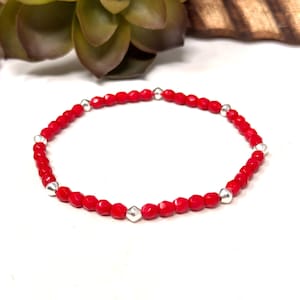 Red and Silver Stretch Bracelet Red Beaded Bracelet Red Czech Glass Bead Bracelet Faceted Red Bead Stretch Bracelet  (7083)
