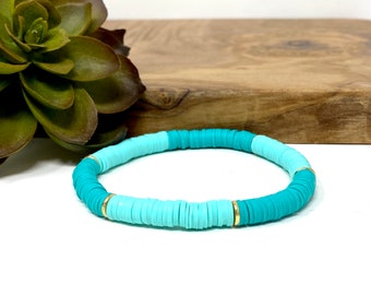 Turquoise Blue and Aqua Stretch Friendship Bracelet Turquoise Clay Bead Summer Bracelets Gift for Friend (4217)