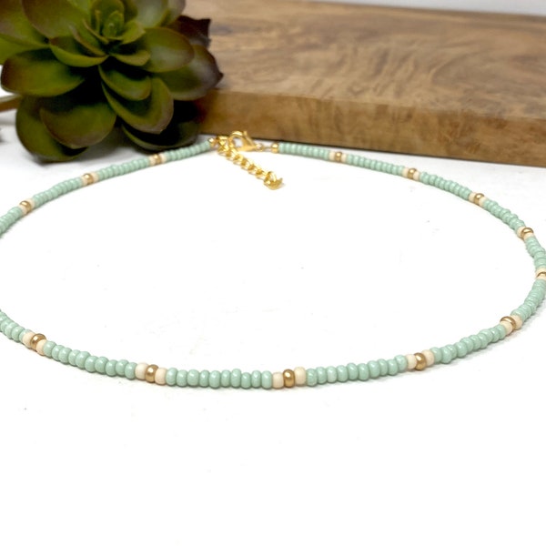 Mint Green, Cream and Gold Seed Bead Choker Necklace, Bracelet, Anklet Pale Green Beaded Choker (4164)