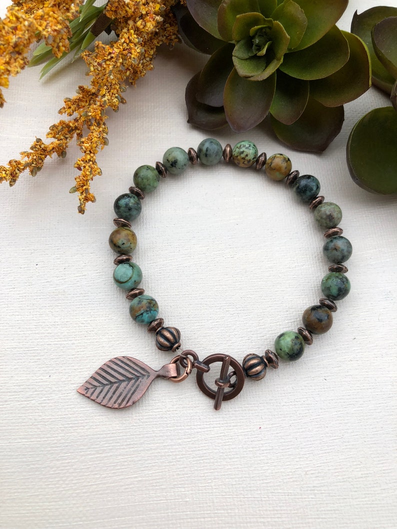 African Turquoise Beaded Bracelet with Antique Copper Toggle Clasp and Antique Copper Leaf Charm Turquoise Gemstone Bracelet for Her 663