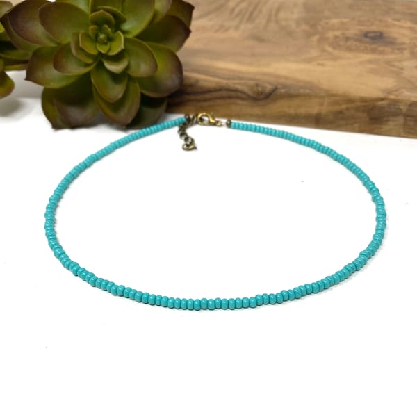 Dainty Turquoise Seed Bead Choker Necklace, Bracelet, Anklet Turquoise Blue Beaded Jewelry (4224)