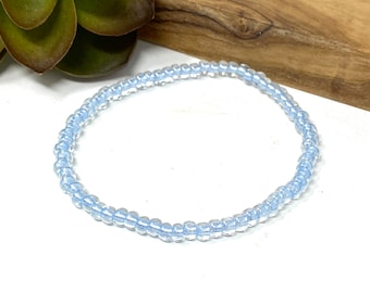 Translucent Pale Blue Luster Seed Bead Stretch Bracelet Shiny Light Blue Minimalist Everyday Stack Bracelet  (5022D)