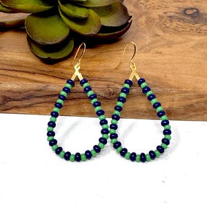 Navy Green Seed Bead Teardrop Earrings: Gold Silver Frames, Dangle Hoops (0111)