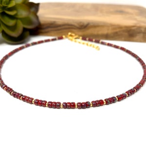 Dark Red Picasso and Gold Seed Bead Bracelet, Anklet, Choker Necklace Maroon Red and Gold Beaded Choker (2277)