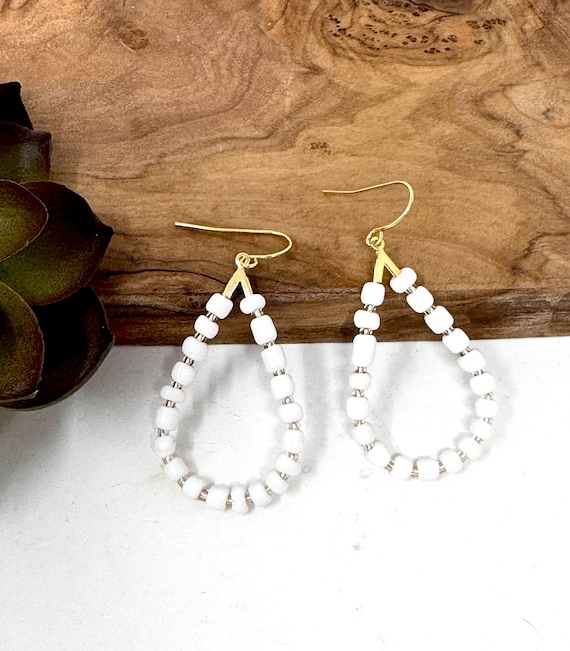 White Gold Seed Bead Teardrop Hoop Earrings (0034)