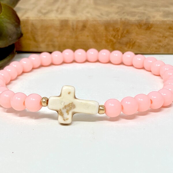 Pale Pink Beaded Stretch Bracelet with White Howlite Cross Focal Pink and Cream Everyday Stack Bracelet (8006)