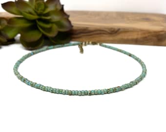 Turquoise Green Picasso Seed Bead Choker Necklace, Bracelet, Anklet Blue Green Beaded Choker (1966)