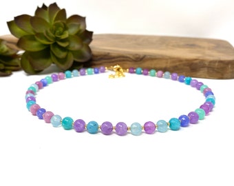 Colorful Mermaid Jade Bead Choker Aqua, Purple, Light Blue, Turquoise Jade Necklace (2275)