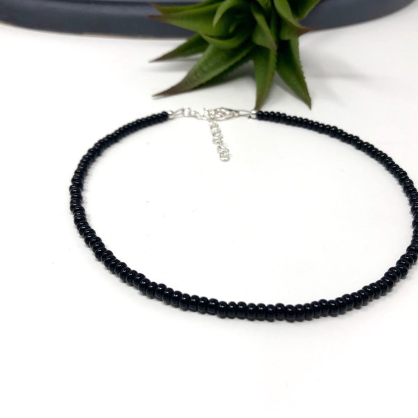 Mini Black Seed Bead Unisex Bracelet, Anklet, Choker Necklace Black Seed Bead Jewelry