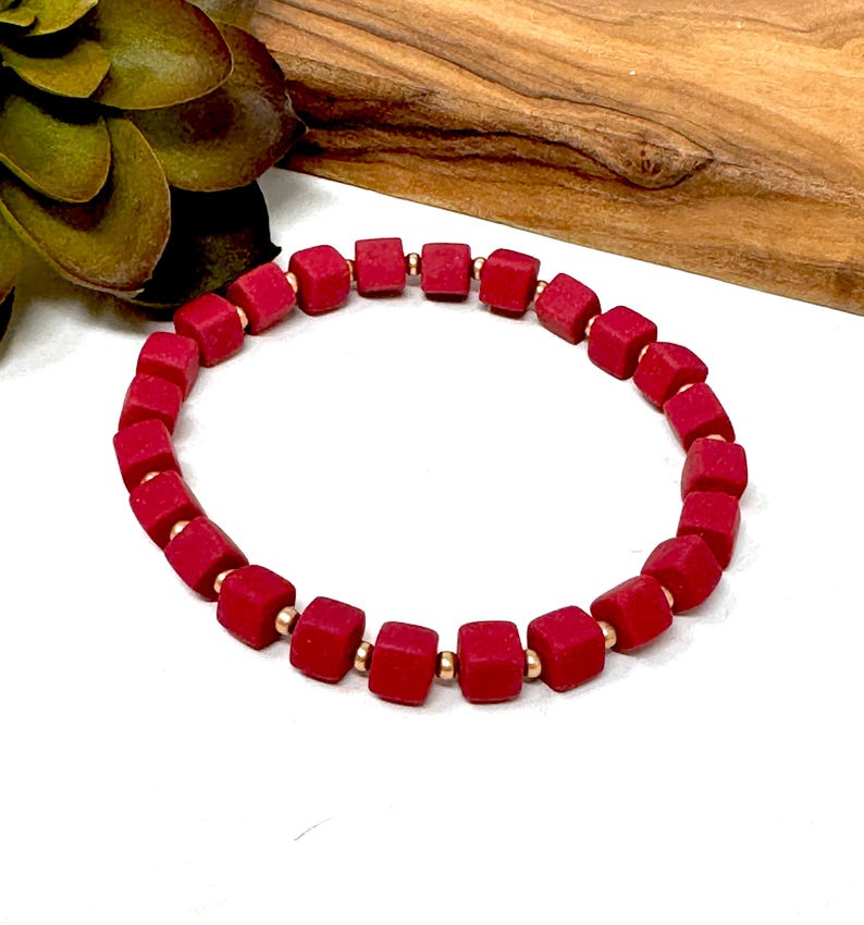 Dark Red Clay Beaded Bracelet Maroon Cube Bracelet Dark Red and Gold
