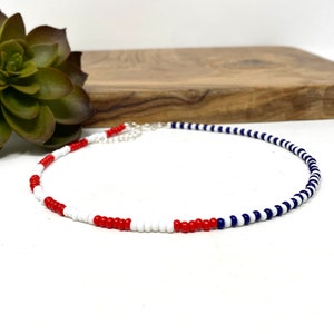 Red White and Blue Seed Bead Choker Necklace, Bracelet, Anklet Red Navy Blue White Beaded Choker (4232)