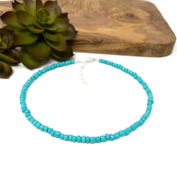Turquoise Seed Bead Bracelet, Anklet, Choker Necklace Custom Made to Order Turquoise Beaded Jewelry