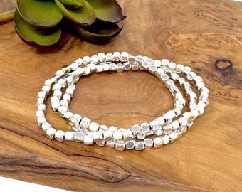 Silver Cube Bead Stretch Bracelet Silver Bead Bracelet Silver Stretch Stack Bracelet (9036)