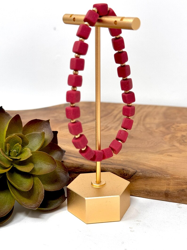 Dark Red Clay Beaded Bracelet Maroon Cube Bracelet Dark Red and Gold