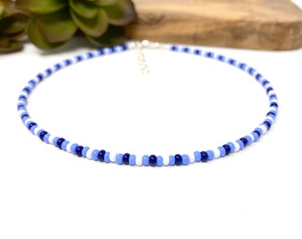 White, Navy and Periwinkle Seed Bead Choker Necklace, Bracelet, Anklet Custom Jewelry (2030)